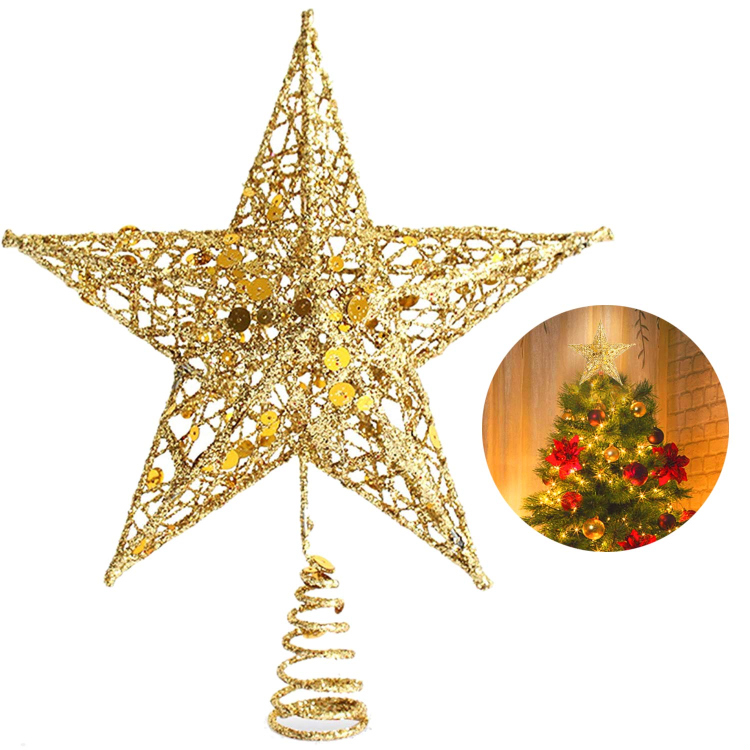 NUOBESTY 25 x 30cm Christmas Tree Ornaments Hollow Out Light Christmas Treetop Star Christmas Tree Topper Star for Home Office Party Shopping Mall Golden 