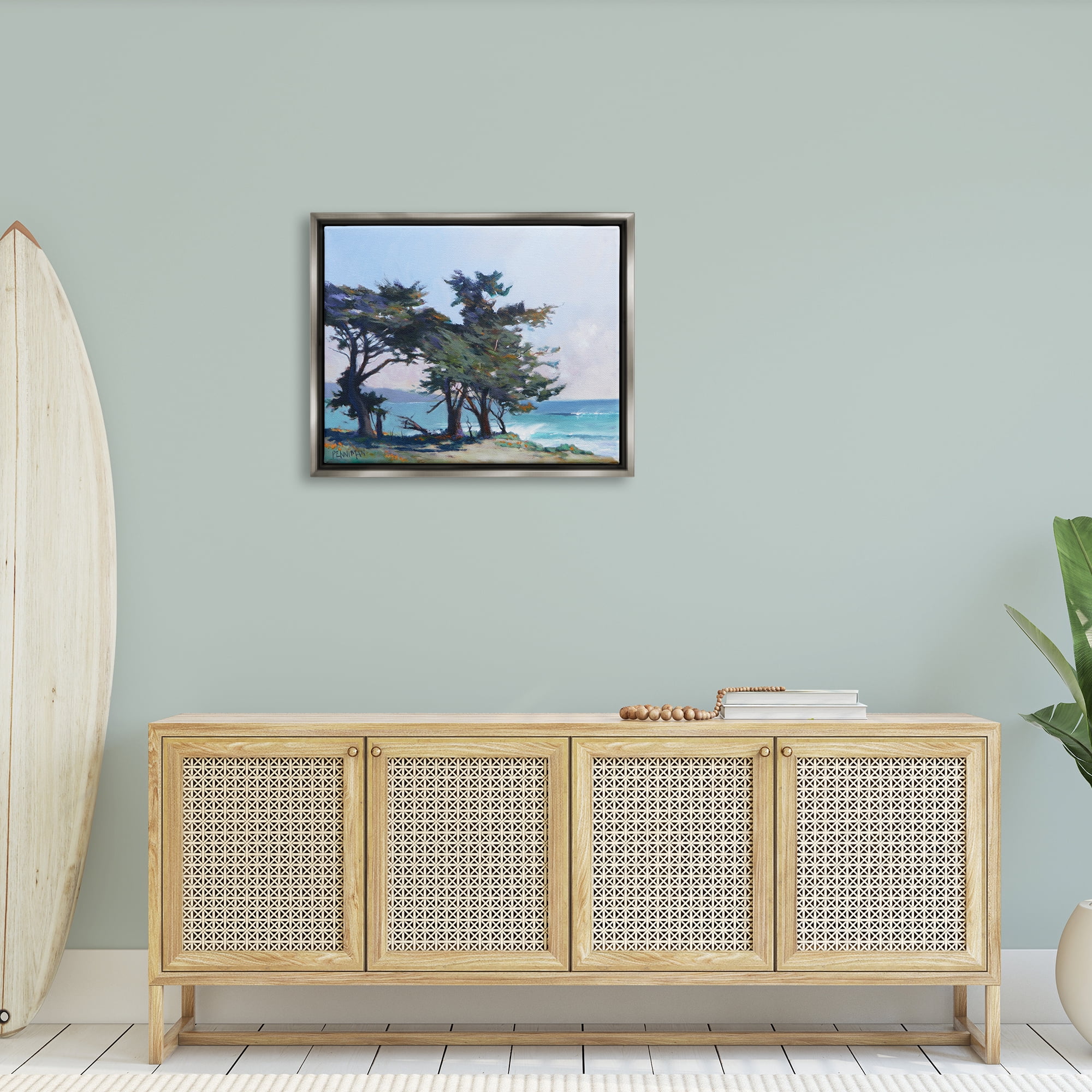 Stupell Coastal Sandy Trees Ocean Waves Landscape Painting Gray Floater Framed Art Print Wall Art