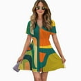 thumbnail image 2 of Abstract Colorful Midcentury Modern Art Women Dress V-Neck Short Sleeve Flowy Swing Party Midi Dress, 2 of 4