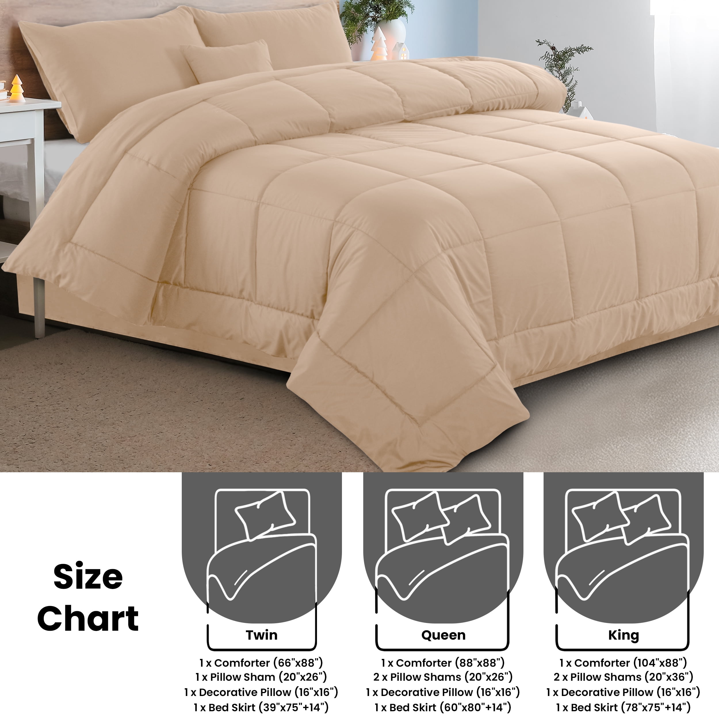 Lux Decor Twin Comforter Set 4 Piece - Ultra-Soft All-Season Bedding Set Includes Down Alternative Comforter, Pillow Sham, Decorative Cushion & Bed Skirt (Beige)
