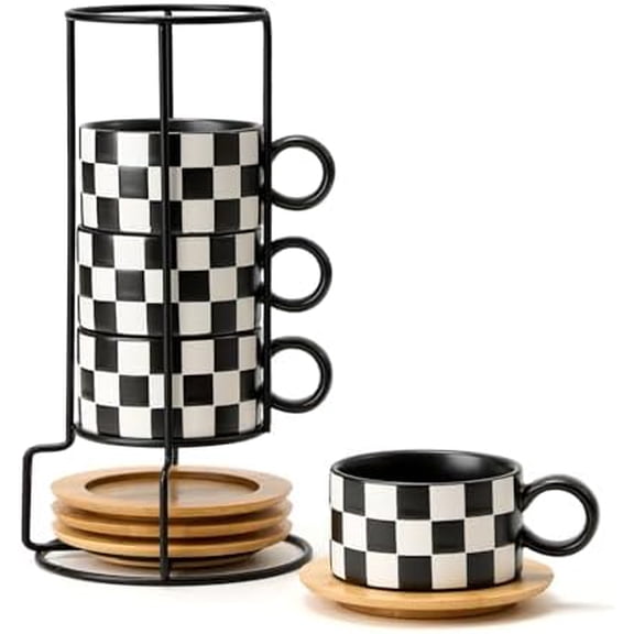 6 Ounce Ceramic Stackable Black and White Checkered Espresso Cups with Saucers and Metal Stand Set of 4, Cappuccino Cups Set for Coffee Drinks, Latte, Cafe Mocha and Tea, Black Interior