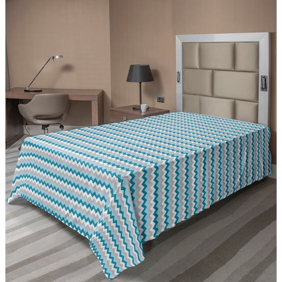 Ambesonne Chevron Flat Sheet, Zigzag Tribal Design, TwinXL Size, Grey White Petrol Blue