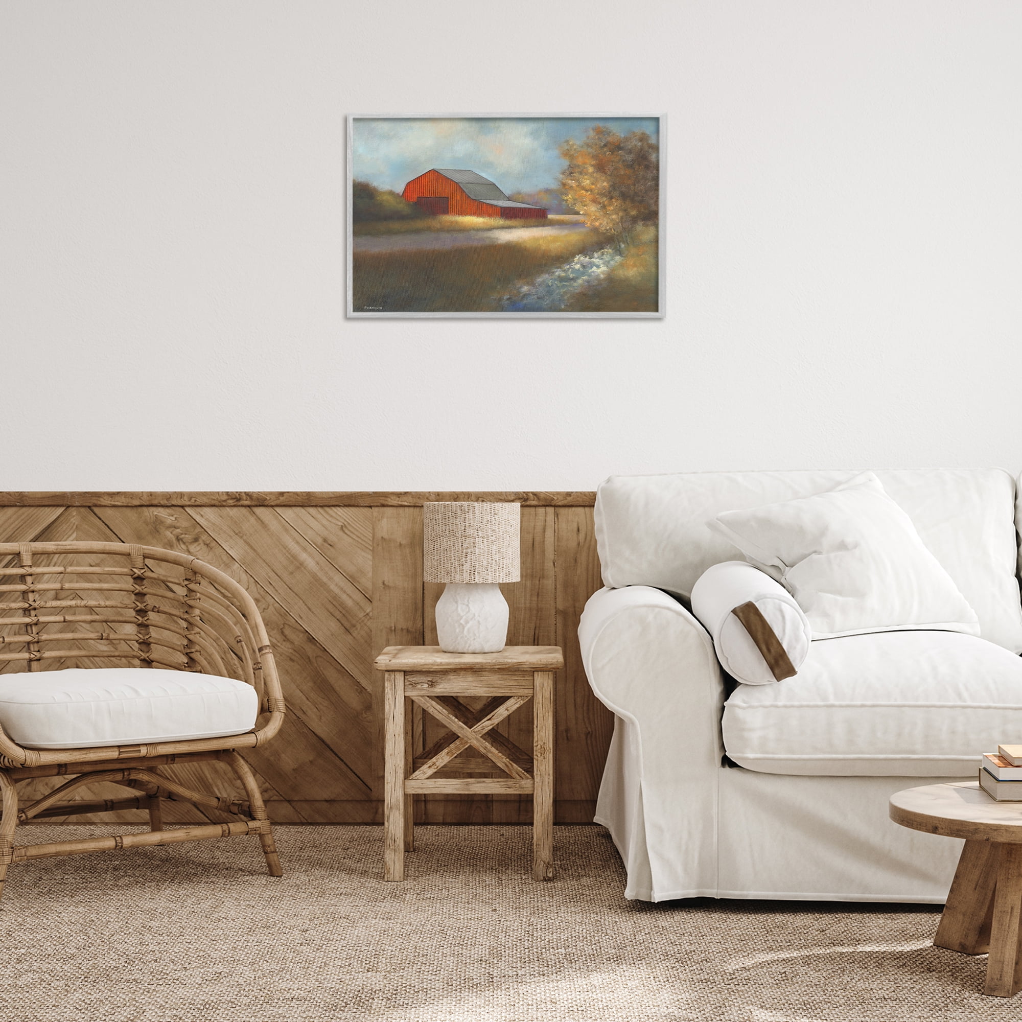 Stupell Industries Traditional Red Barn Landscape Painting Gray Framed Art Print Wall Art, 24 x 16