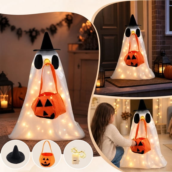 Halloween Goose Costume Outfit with LED Light Strings, Ghost‑Style Goose Clothes for Porch Lawn Goose Decoration, Hat & Pumpkin Trick‑or‑Treat Bag Included