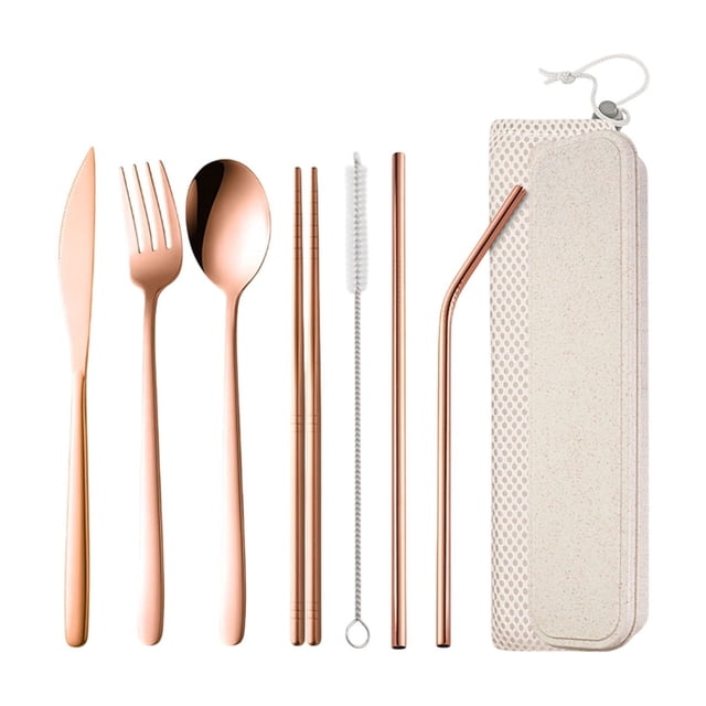 Juego de cubiertos portátil de 7 piezas de acero inoxidable con estuche de almacenamiento. Juego de utensilios de viaje para acampar al aire libre. Incluye cuchillo, tenedor, cuchara, palillos, pajit
