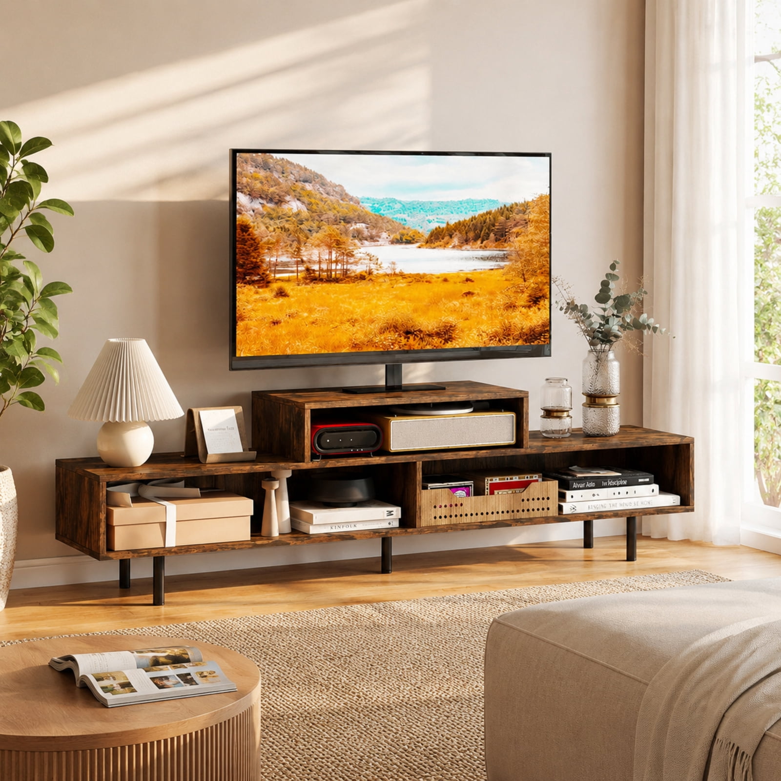 Furnibear 3 Cubby TV Stand for TVs up to 70 Inch with Open Storage Compartments for Living Room Bedroom Media Console Entertainment, Rustic Brown