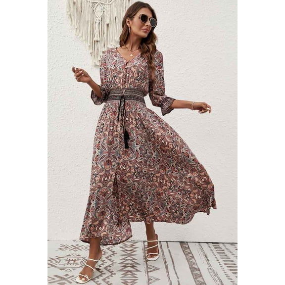 Womens Bohemian Button Down Tassel Belt Printed Maxi Dress (XL, MultiBlue)