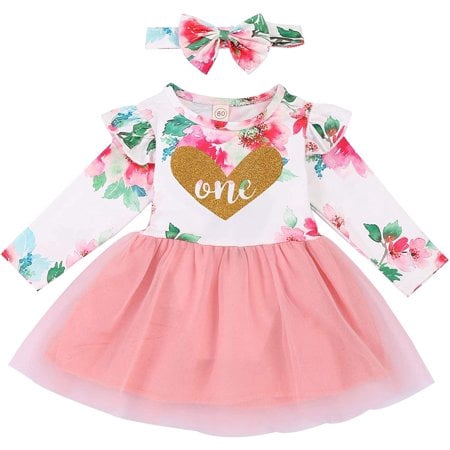 

Viworld Infant Toddler Baby Girl Ruffle Long Sleeve One Piece Dress Floral Tutu Skirt with Bowknot Headband Outfits (Light pink 12-18M)