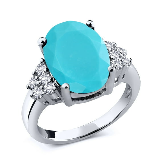 Gem Stone King 3.40 Ct Oval Green Turquoise White Created Sapphire 925 Sterling Silver Ring (Size 8)
