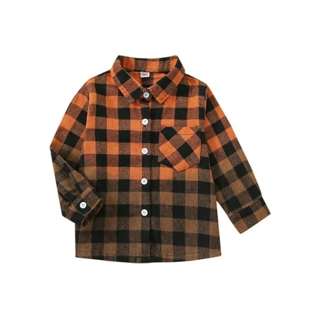 

Franhais Kid Boy Girl Autumn Winter Coat Gradient Plaid Print Long Sleeve Lapel Button Shirt