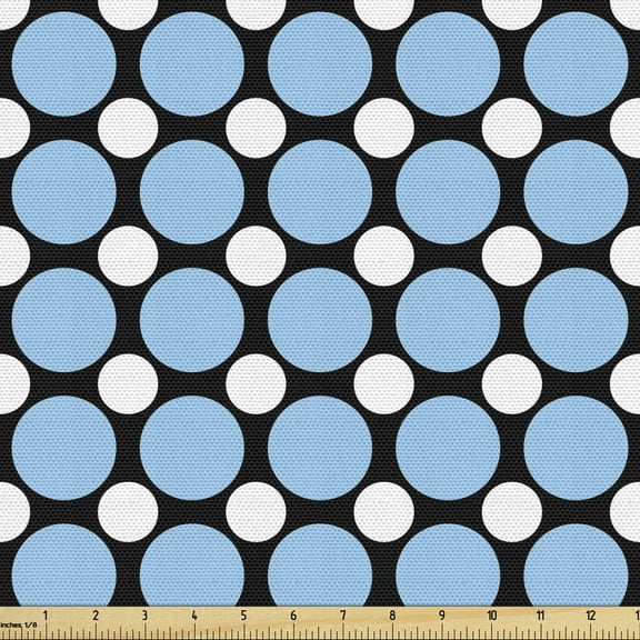 Abstract Fabric by the Yard, Composition of Connected Lines Symmetrical Dots Retro Style Motifs Pattern, Decorative Upholstery Fabric for Sofas and Home Accents, White and Blue by Ambesonne
