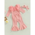thumbnail image 3 of Baby Girl 3Pcs Fall Outfits Long Sleeve Lace Collar Romper + Bow Flare Pants + Headband Set, 3 of 9