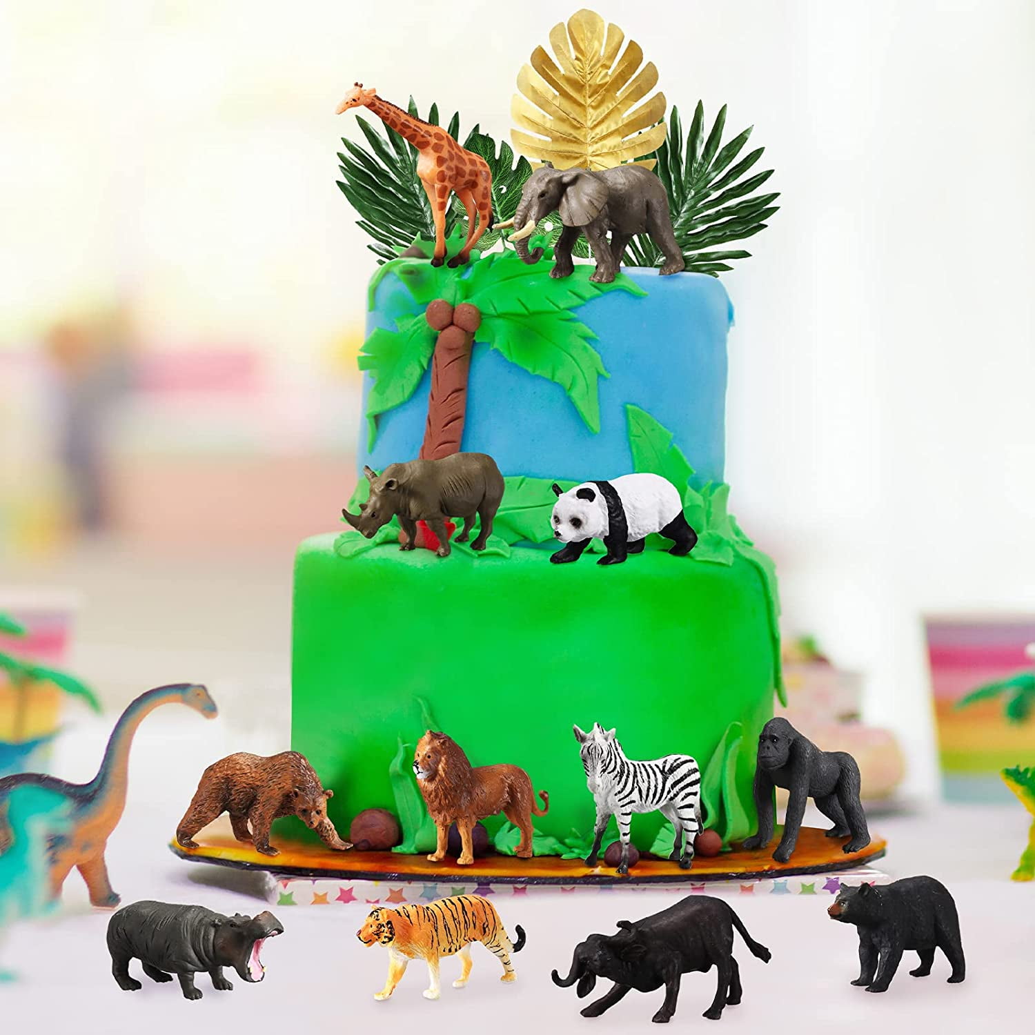 18 PCS Jungle Cake Toppers 12 PCS Animals and 6 PCS Palm Cake Toppers Party  Decorations Favors for people over 15 years old 