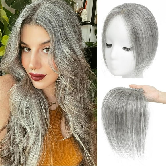 Hair Toppers for Women Real Human Hair, Side Bangs Hair Clip 360° 3D Cover Side Clip in Bangs Hair Topper, Human Hair Toppers for Women Daily (Gray)