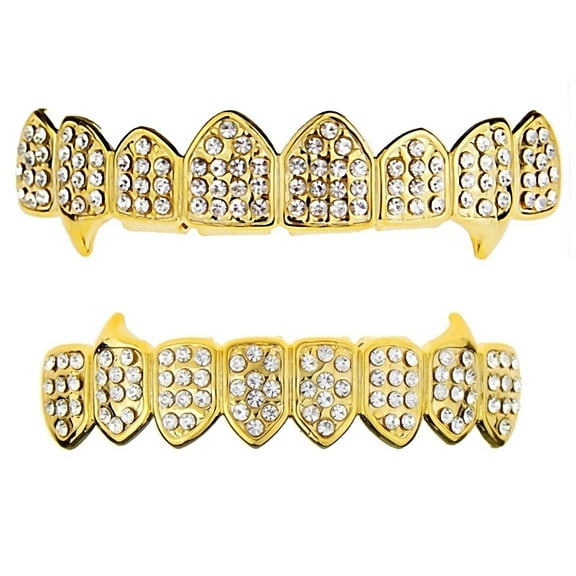 14k Gold Plated Fang Best Grillz Set Bling 16 pc Eight Top & 8 Bottom Teeth Hip Hop Mens Vampire Grills