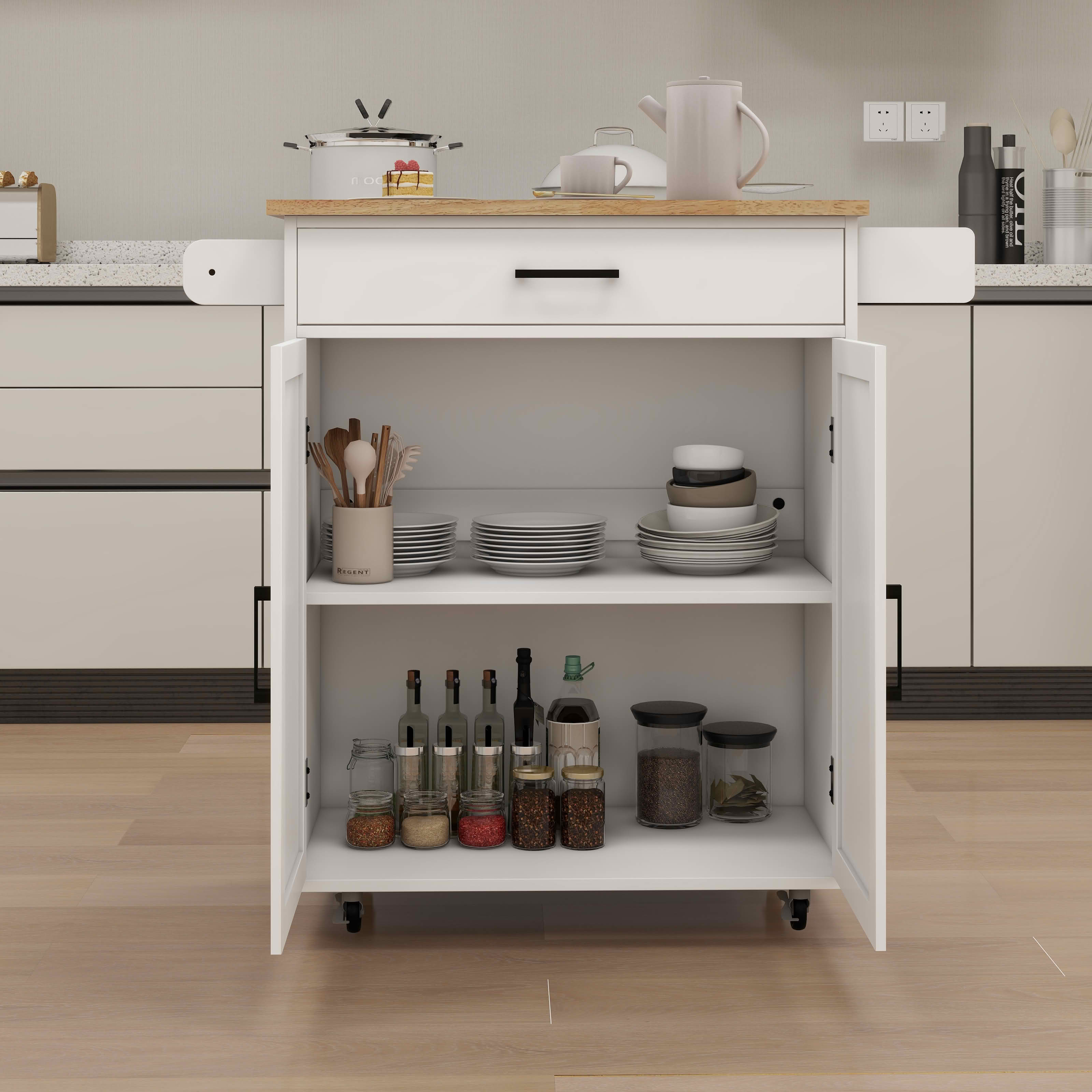 MAYEERTY Kitchen Island Rolling Trolley Cart, Rubber Wood Top with Adjustable Shelves Towel Rack Seasoning Rack White