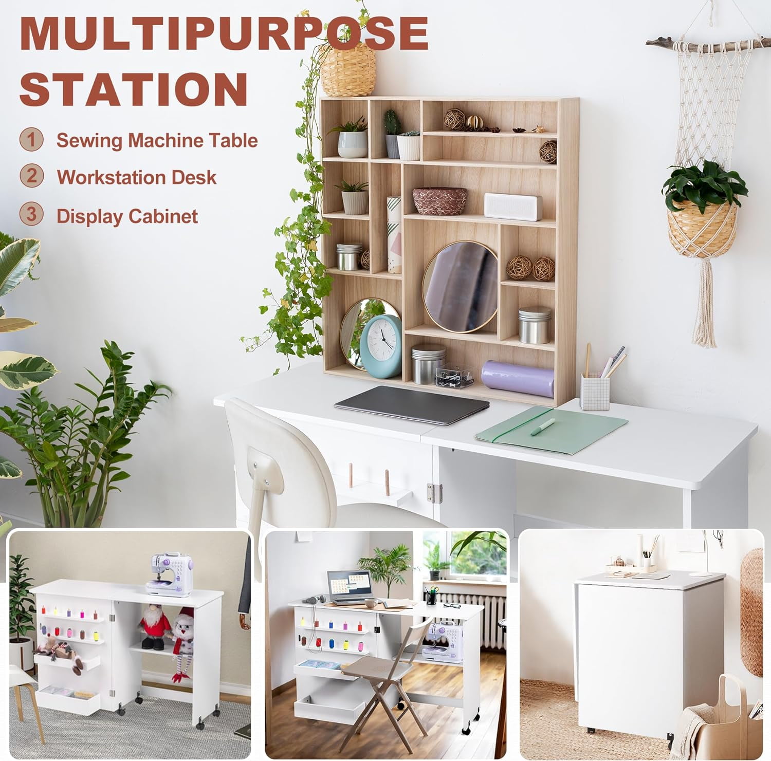 Folding Sewing Table, Multipurpose Sewing Machine Table with Compact Design, Wheels, Shelves, Bins, Pegs, Magnetic Locks (White)