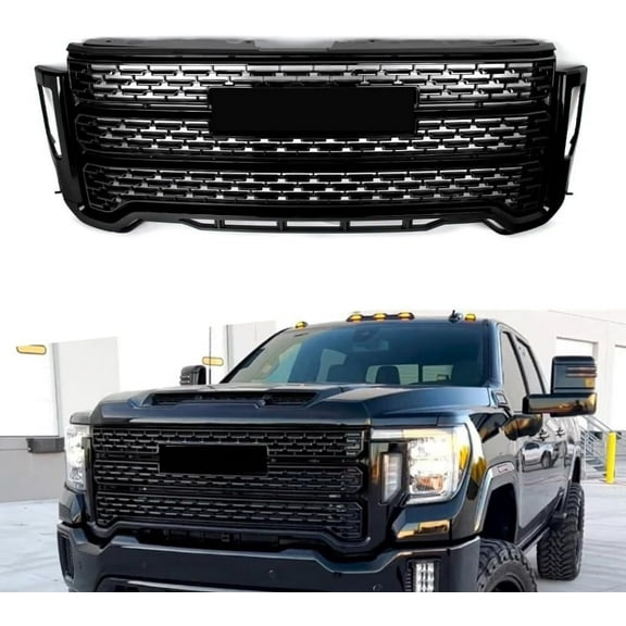 Gloss Black Front Grill Compatible with GMC Sierra 2500/3500HD AT4/Denali/Pro/SLE/SLT 2020 2021 2022 2023 Models, No Emblem