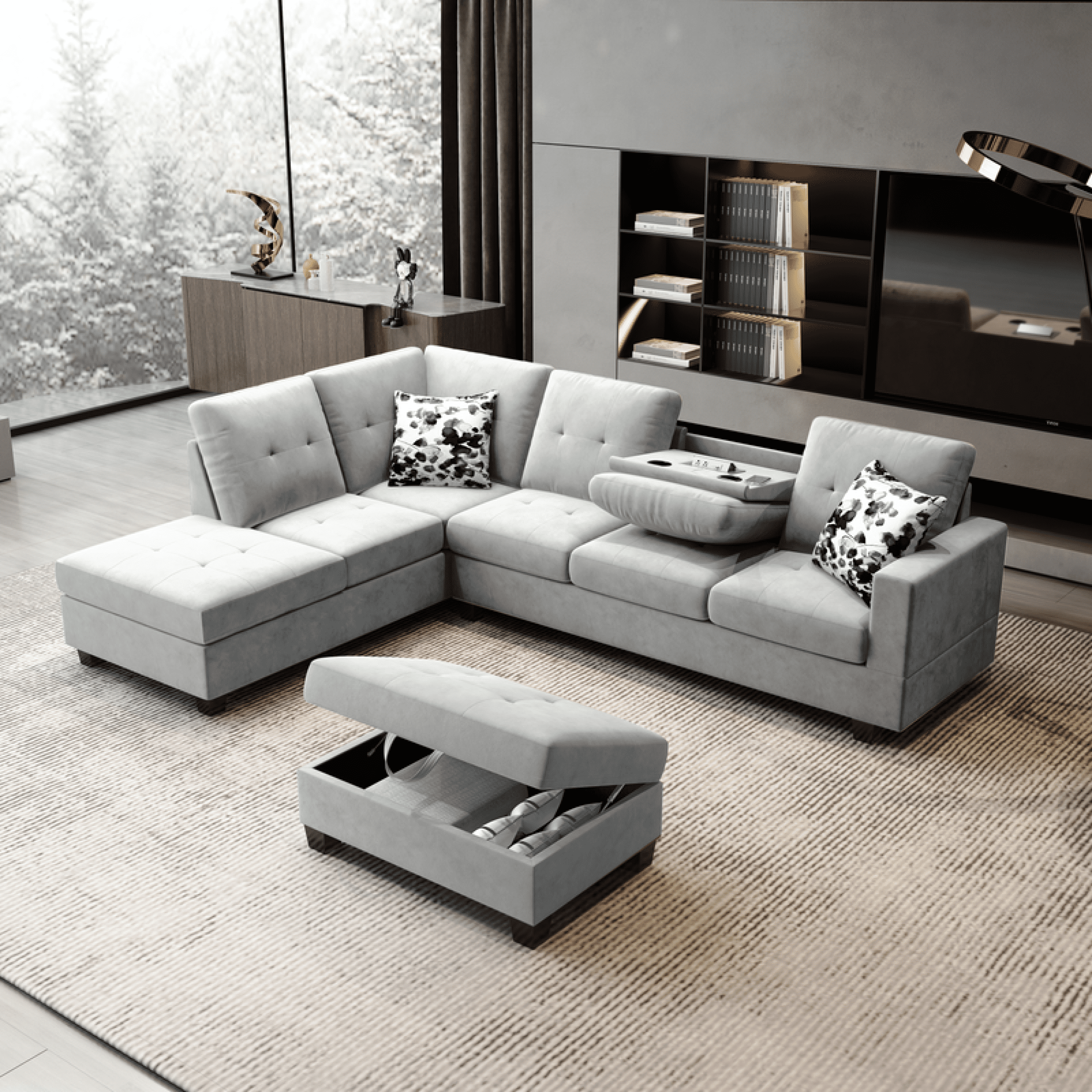 Remi Light Gray Velvet Reversible Sectional Sofa with Dropdown Table, Charging Ports, Cupholders