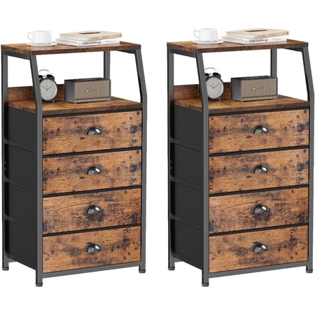 Furnulem Tall 4 Drawers Dresser for Bedroom, Small Nightstand Set of 2, Vertical Storage Tower Fabric Dresser, Drawer Organizer for Closet, Night Stand Side Table Furniture, Steel Frame, Wood Top