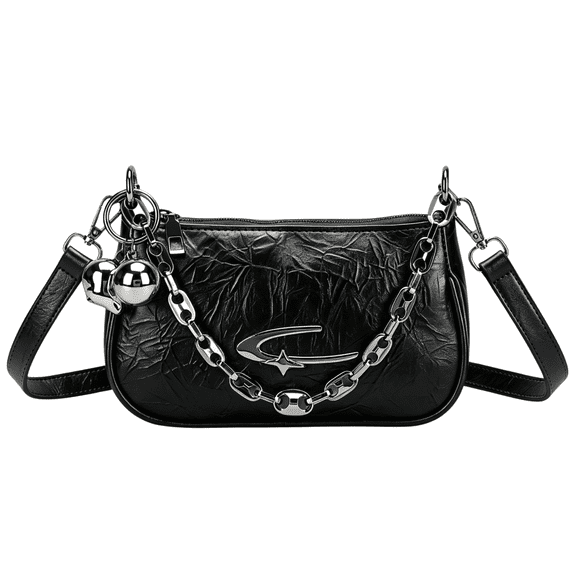 Wynndora Y2K Crinkle PU Shoulder Bag, Vintage Crescent Hobo Underarm Purse Silver Chain,Black