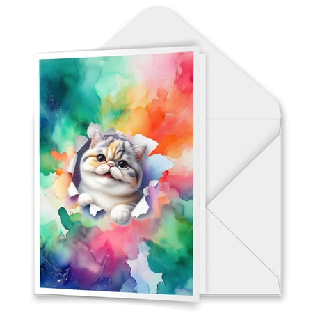 Funny Watercolor Adorable Exotic Shorthair Peeking Through Torn Paper Effect 5x7in Folded Greeting Card Cat Lover Kitten Owner Gifts Single Note Card with Envelope - 00026