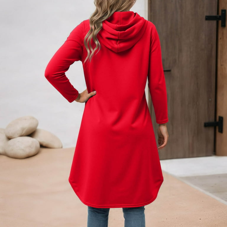 Women Autumn Dresses Casual Pocket Long Sleeve Hooded Sweatshirts Loose Oversized Pullover Hoodie Bodycon Dress Robe Red / M