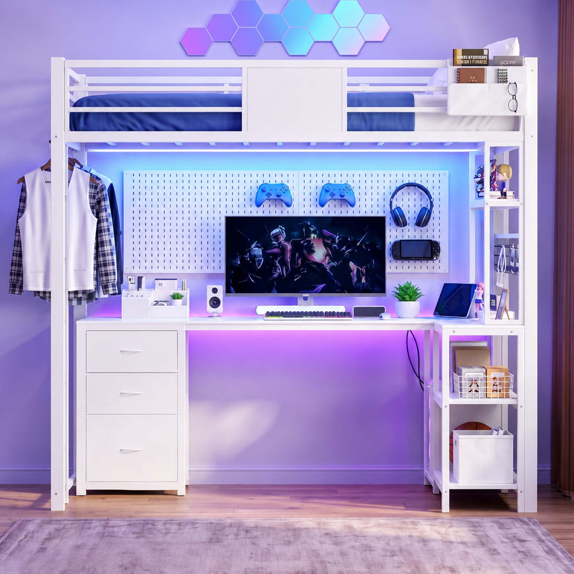 Miniyam Twin Loft Bed with L-Shaped Desk and Storage, LED Light and Charging Station, White