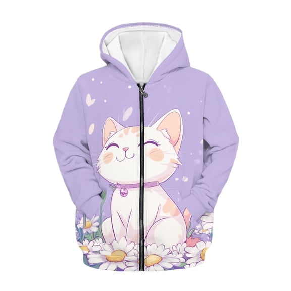 chaqlin Cat Hoodies for Teen Girls Trendy Y2K Zip Up Hoodie Flower Long Sleeve Hooded Sweatshirts Kids School Jacket with Pocket Fall Winter Clothes