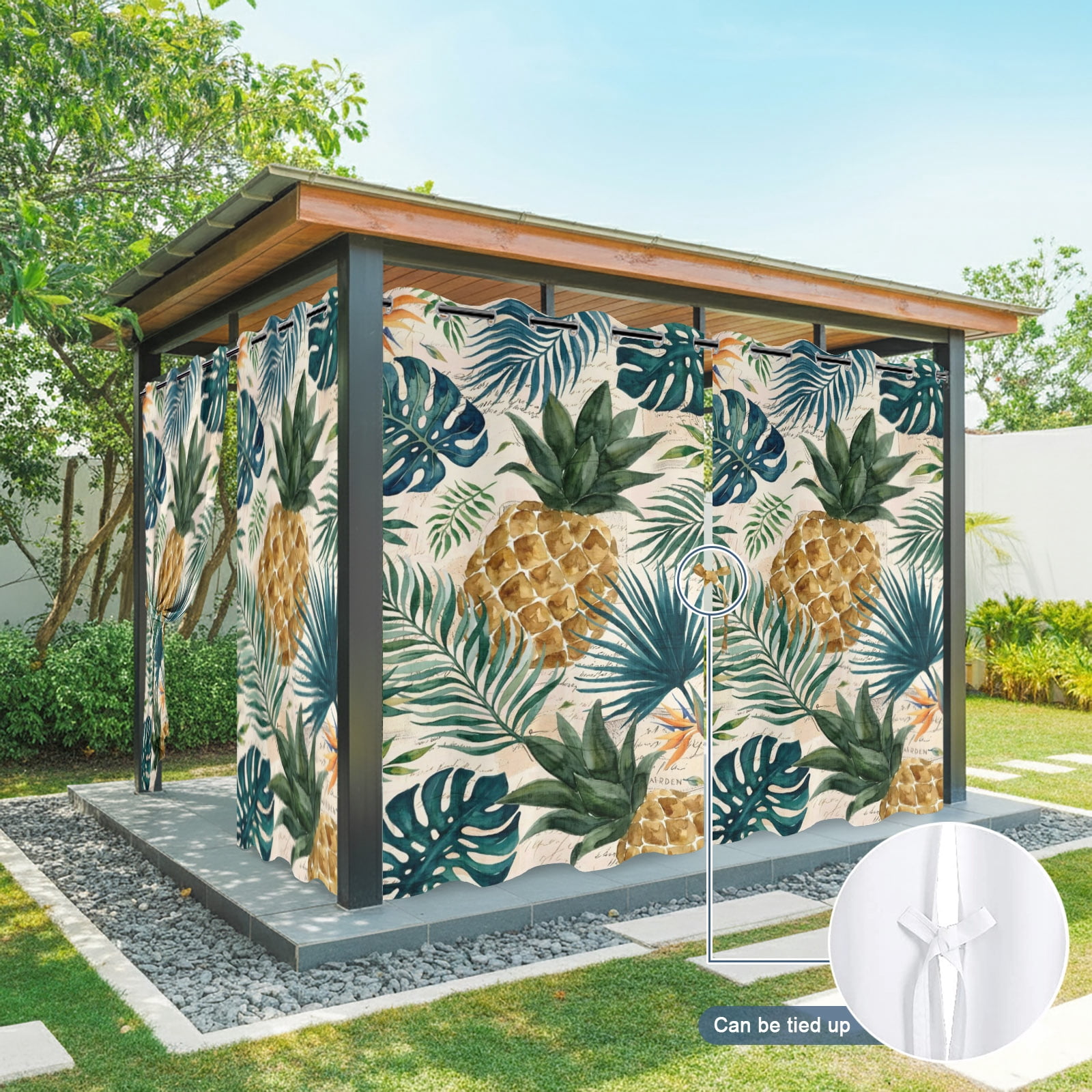 Gold Pineapple Outdoor Curtains for Patio, Monstera Leaves Vintage Tropical Botanical Summer Sunshade Privacy Drapes Grommet Waterproof Outside Curtains for Porch/Cabana/Balcony 54"x 108", 1 Panel