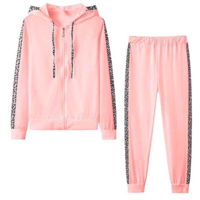 Puntoco Moda Mujer Otoño Invierno Casual Deportes Con Cuello En V Estampado De Leopardo Manga Larga Bolsillo Con Cremallera Sudaderas Con Capucha Conjunto Liquidación Puntoco Puntoco-3698