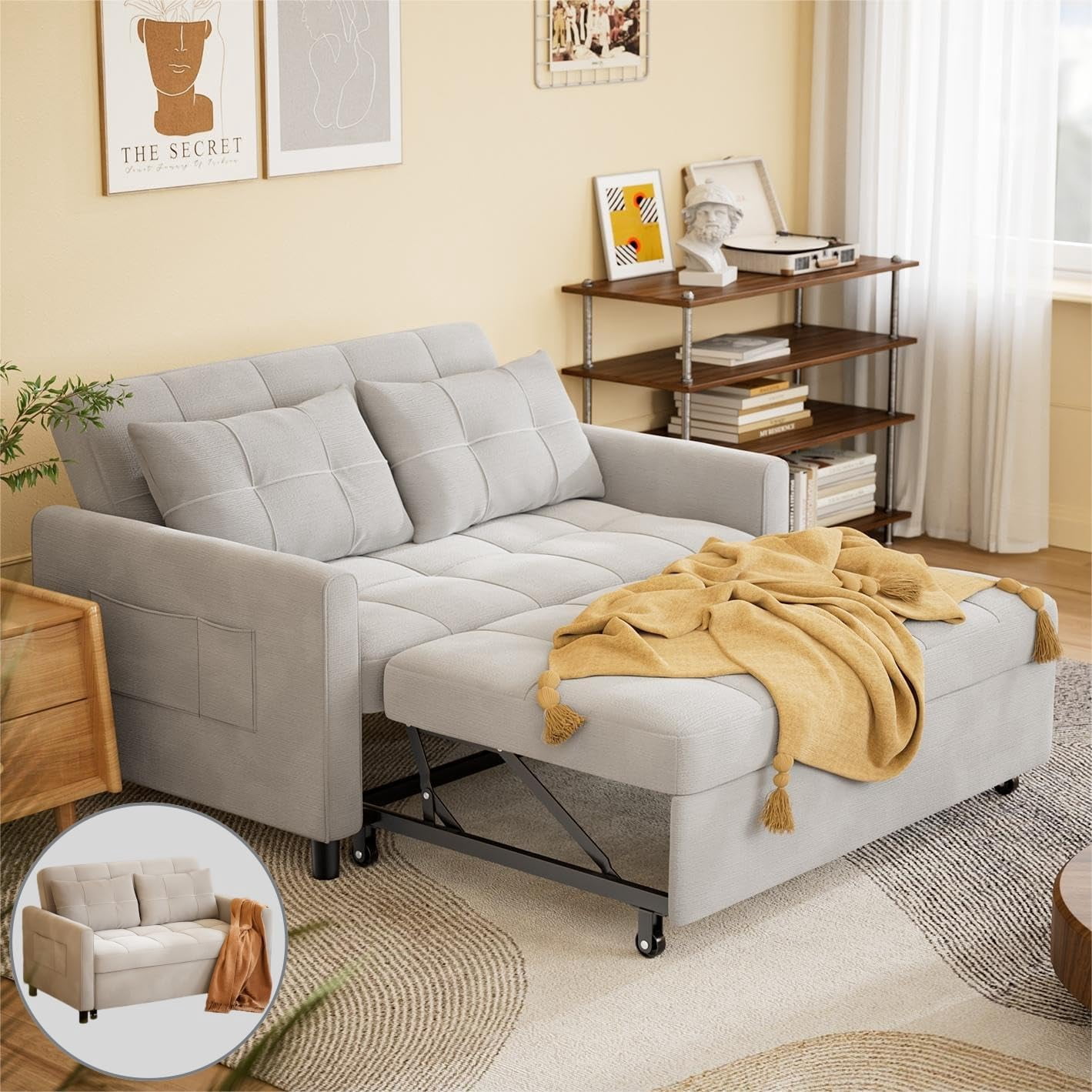 Multifunctional Linen Futon Sofa, 71.7" Expandable Pull-out Guest Bed with 2 Cushions, 3-in-1 Convertible Loveseat for Home Indoor Use, Grey