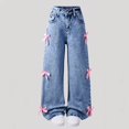 thumbnail image 2 of Teen Girls Jeans Bow Jeans Girls Straight Leg Wide Leg Girls Pants High Waist Girls Loose Pants with Pocket Preppy School Clothes 12-14 Years, 2 of 7