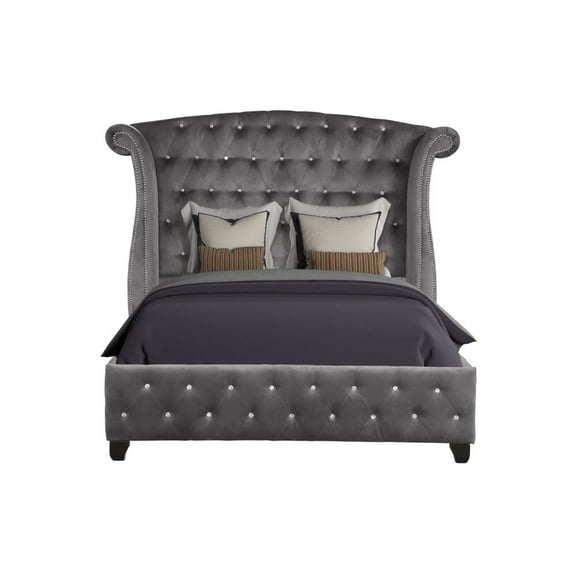 Sophia Modern Style Crystal Tufted Queen Bed - Gray Wood Construction