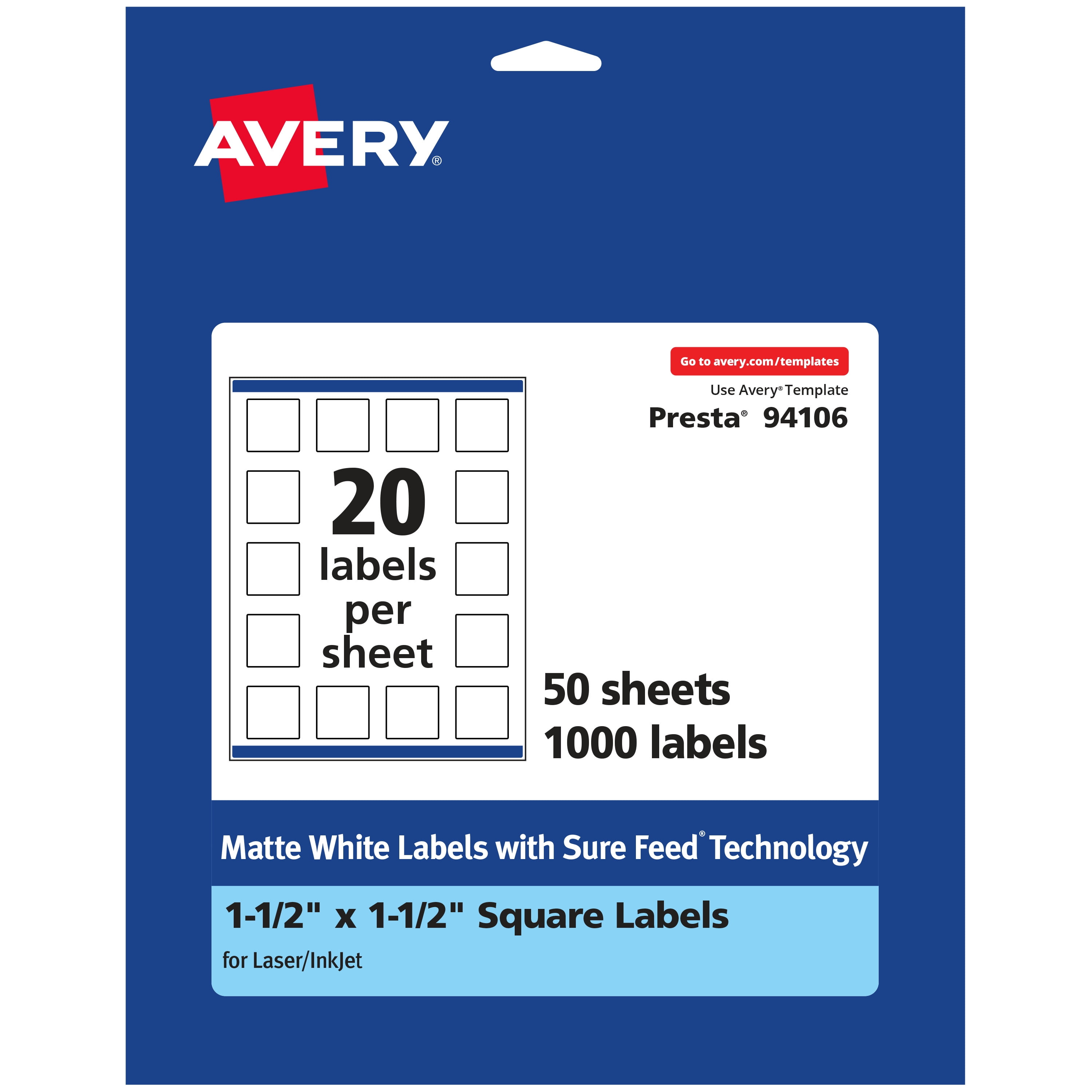 22805 600 Labels Avery Square Labels W/Sure Feed 1.5 X 1.5 Inch Matte White Permanent Adhesive 