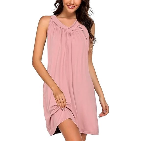 Fiykzur Women Cotton Nightgowns Sleepwear Sleeveless V-neck Sleepshirt Sleep Dress with Side Pockets S-XXL