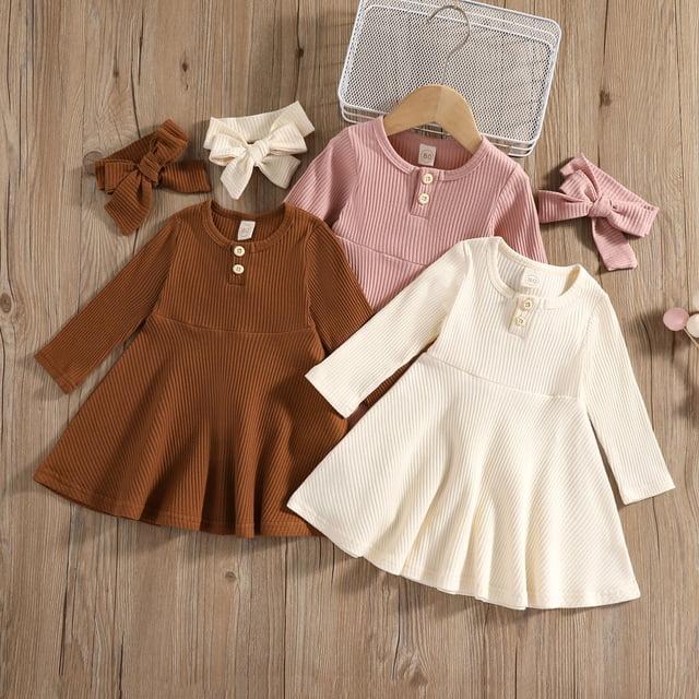 NJDVHB Robes d'Hiver pour Tout-Petits, Robe de Princesse pour Fillette, Robe de Fête pour Fille, Robe à Col Rond pour Fille avec Boutons Ouverts, Unie, Décontractée, en Tricot, à Rayures, à Manches Longues, Brun, 90
