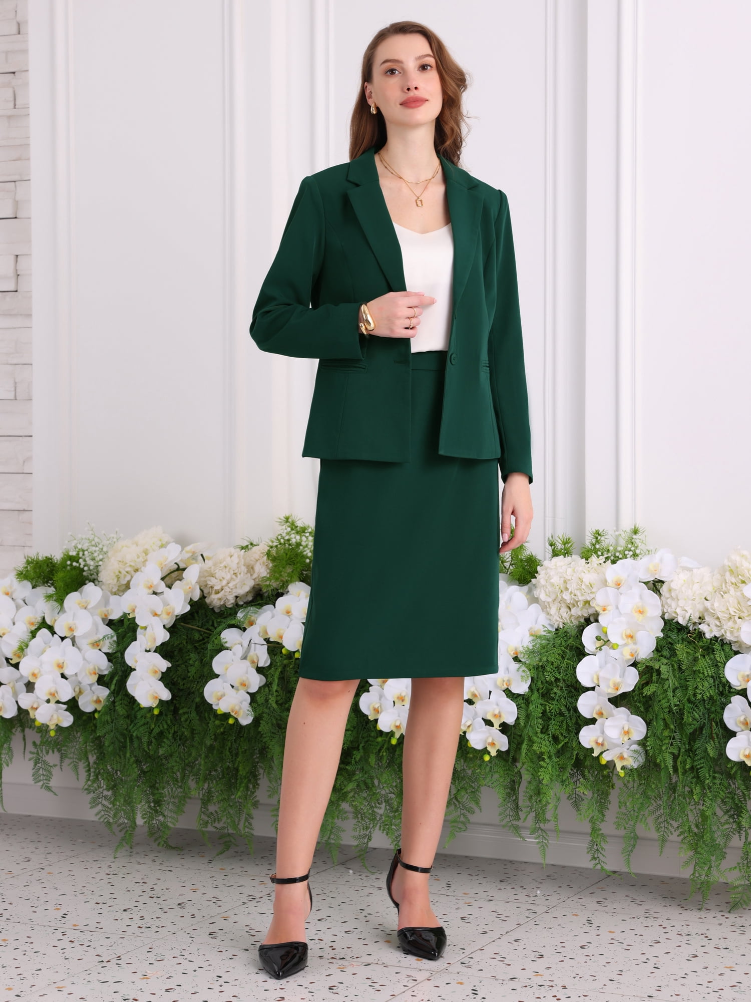DARING DIVA 2Pcs Women's Business Formal Blazer Pencil Suit Skirt Set S Green