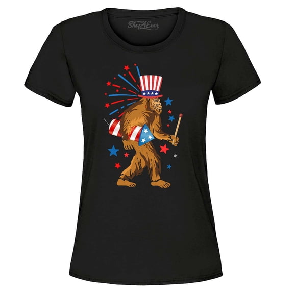Shop4Ever Women's 4th of July Bigfoot Patriotic Sasquatch Fireworks Graphic T-Shirt XX-Large Black
