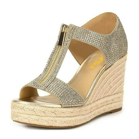 FSJ Women Round Open Toe Espadrille Wedge Sandals Comfortable with Zipper Platform T-strap Sandals Casual Summer Shoes Size 14 Sliver