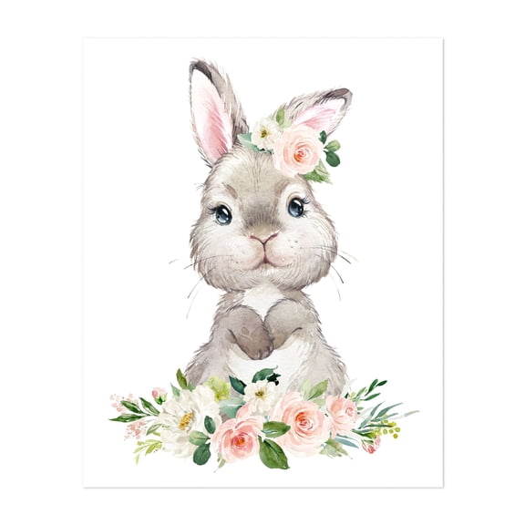 Cute Bunny, Rabbit, Forest Animals, Woodland Animals, Boho, Pink Flowers, Girl Nursery - Illustration Watercolor Floral Animal Whimsical Unframed Wall Art Print 6 x 8 inches