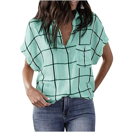 

Green Tops for Women Summer Blousees for Women 2023 Woman Fashion Turndown Deep V Pullover Top With Pockets Blouse Short Sleeve Corset Tops for Women With Pockets Green L