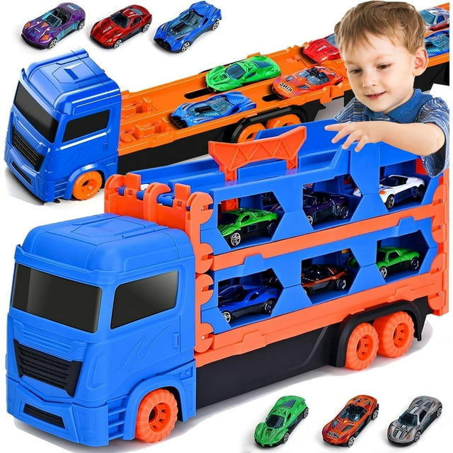Juguetes para Niños Pequeños para Regalos de Niños de 2 3 4 5 6 Años: Pista de Carreras de 65 Pulgadas para Niños, Camión de Transporte Die-Cast, Juguete para Niños Pequeños, Juego de Juguetes para
