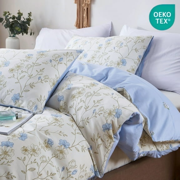 Jolusere Cotton Comforter Sets Queen Size, 3 Pieces Botanical Blue Floral Reversible Bedding Sets for Adults All Season