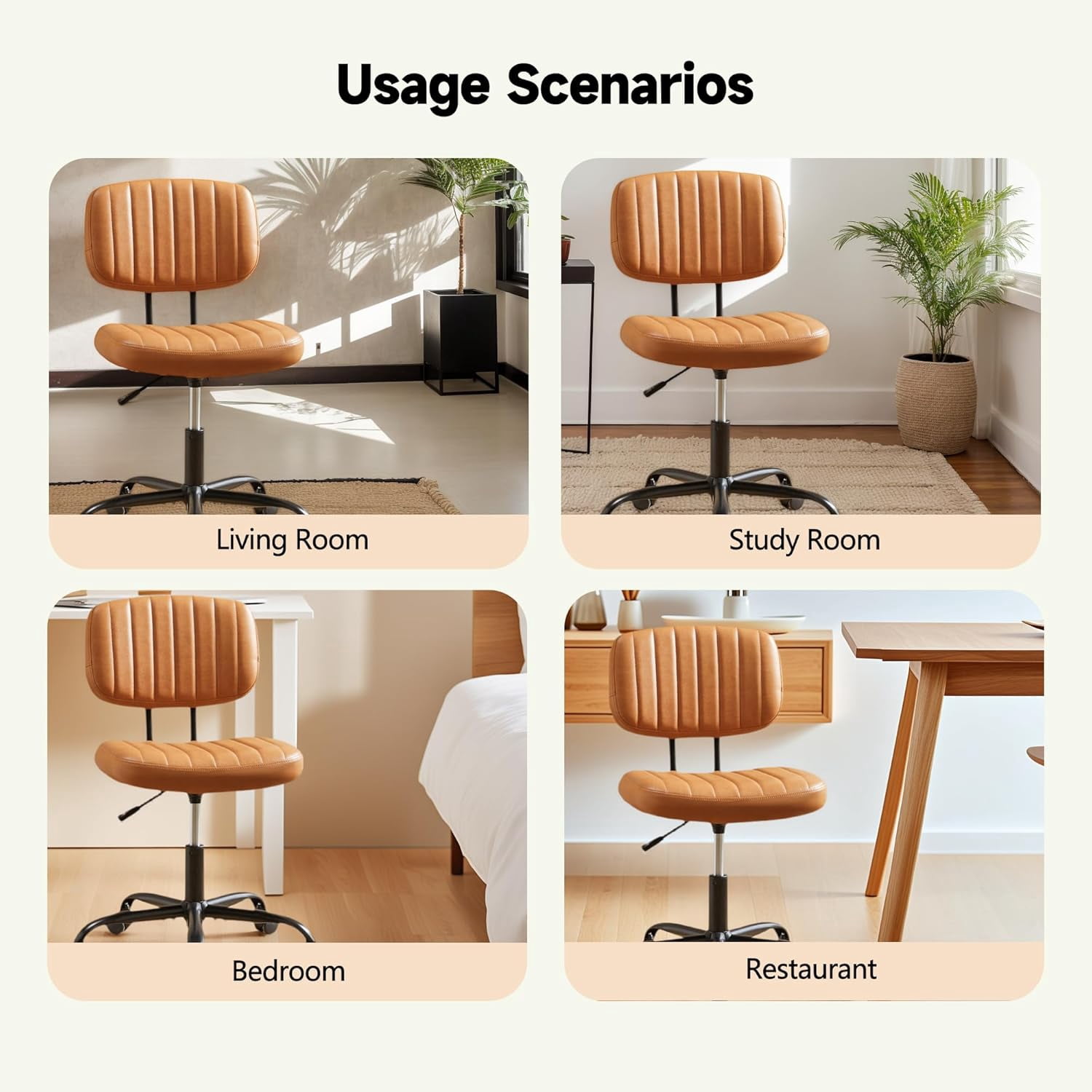 ENYLAY Small Armless Home Office Desk Chair, Ergonomic Cute Chair PU Leather with Adjustable Swivel Rolling Comfy Task Study Chair with Lumbar Support for Adult and Student, Bedroom (Brown)