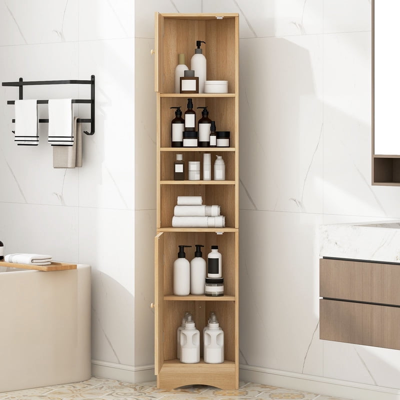 Triangular Corner Storage Cabinet with 2 Doors, Tall Bathroom Hutch Cabinet and Adjustable Shelves