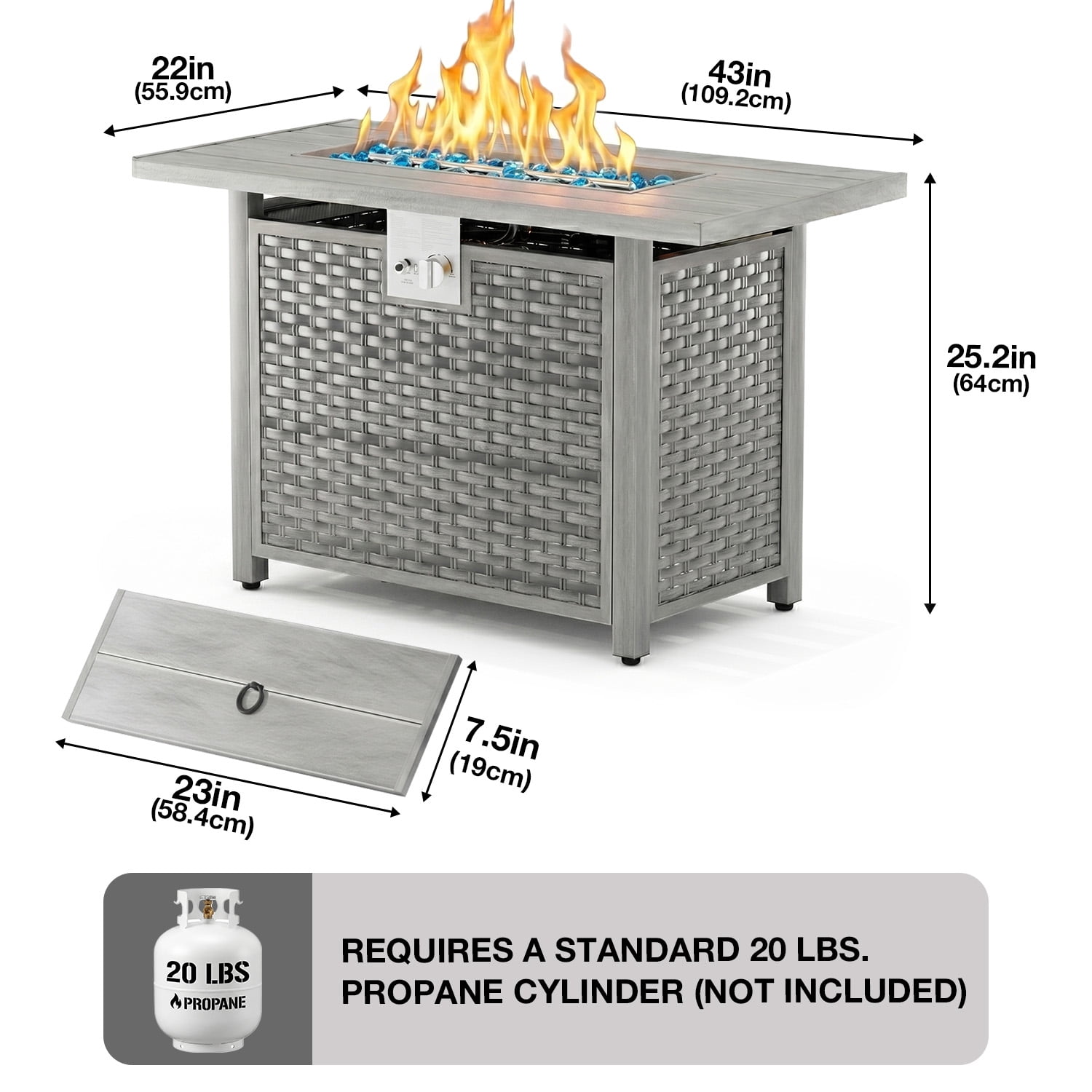Vornel 43" Rectangular Propane Fire Pit Table for Outdoor Patio, 50,000 BTU 2-in-1 Gas Firepit Gray Heavy Duty Fire Table for Backyard Deck Garden