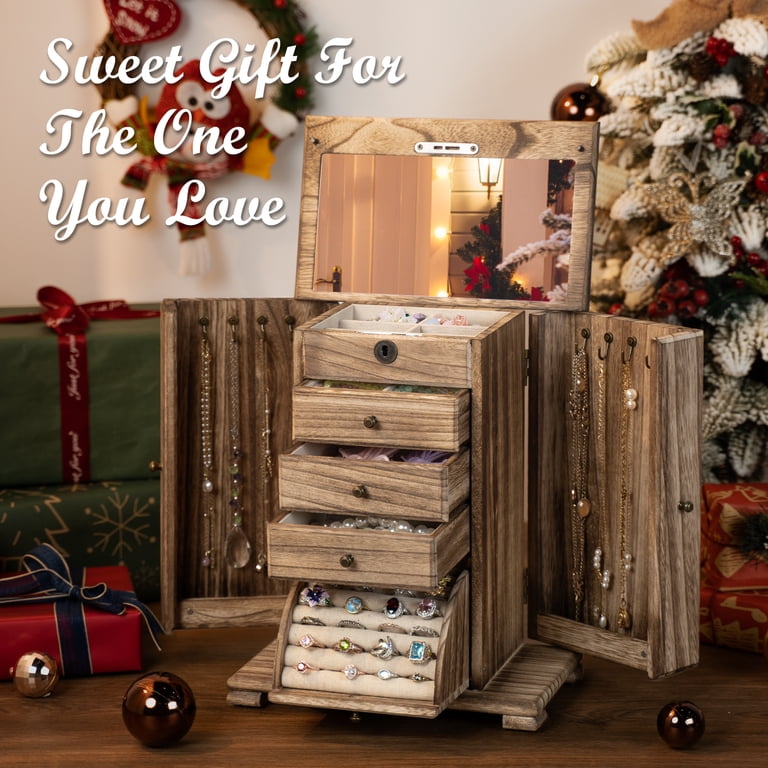 Sfugno 4-Layer Wooden Jewelry Box with Lock and Mirror photo 6