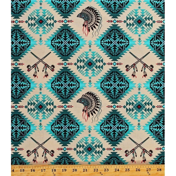 Cotton Southwestern Tribal Designs Diamonds Arrows Indian Headdress Warbonnets Pipes Native Spirit Turquoise Beige Cotton Fabric Print by the Yard (531TURQUOISE)