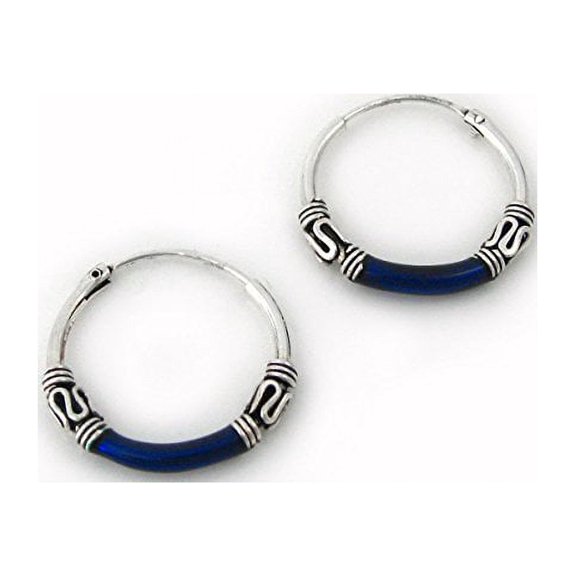 Sterling Silver Bali Design Color Coated 16mm Hoop Earrings, Navy